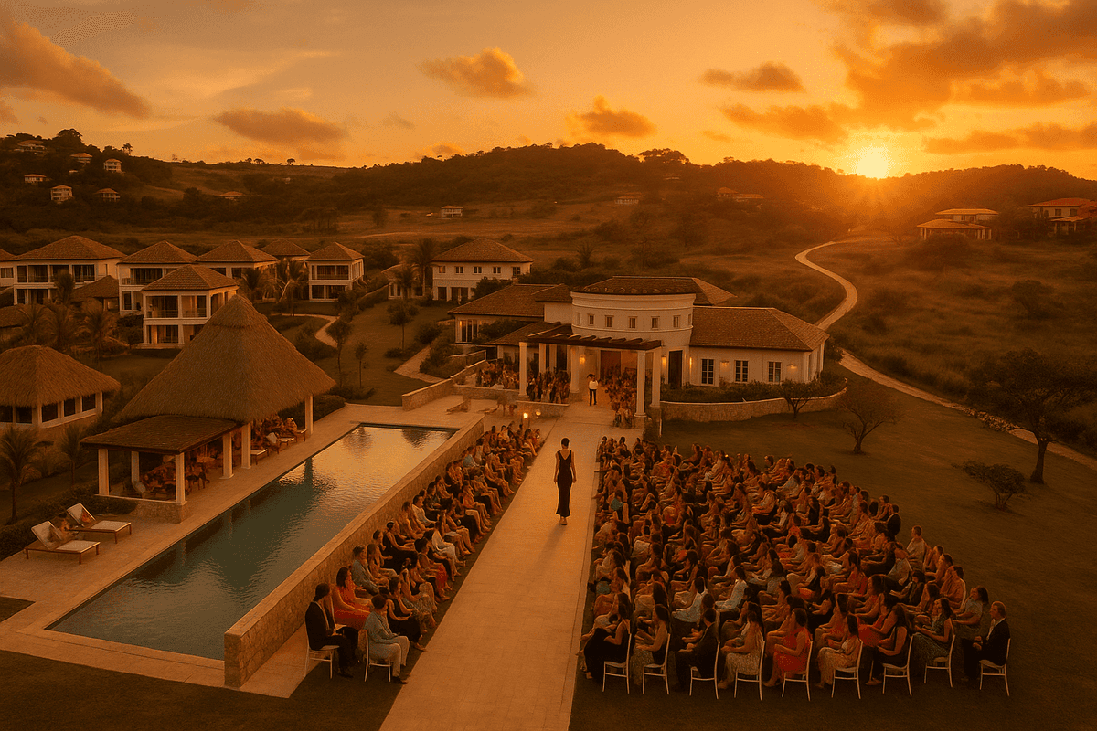 Elegant fashion show setup with tropical decorations