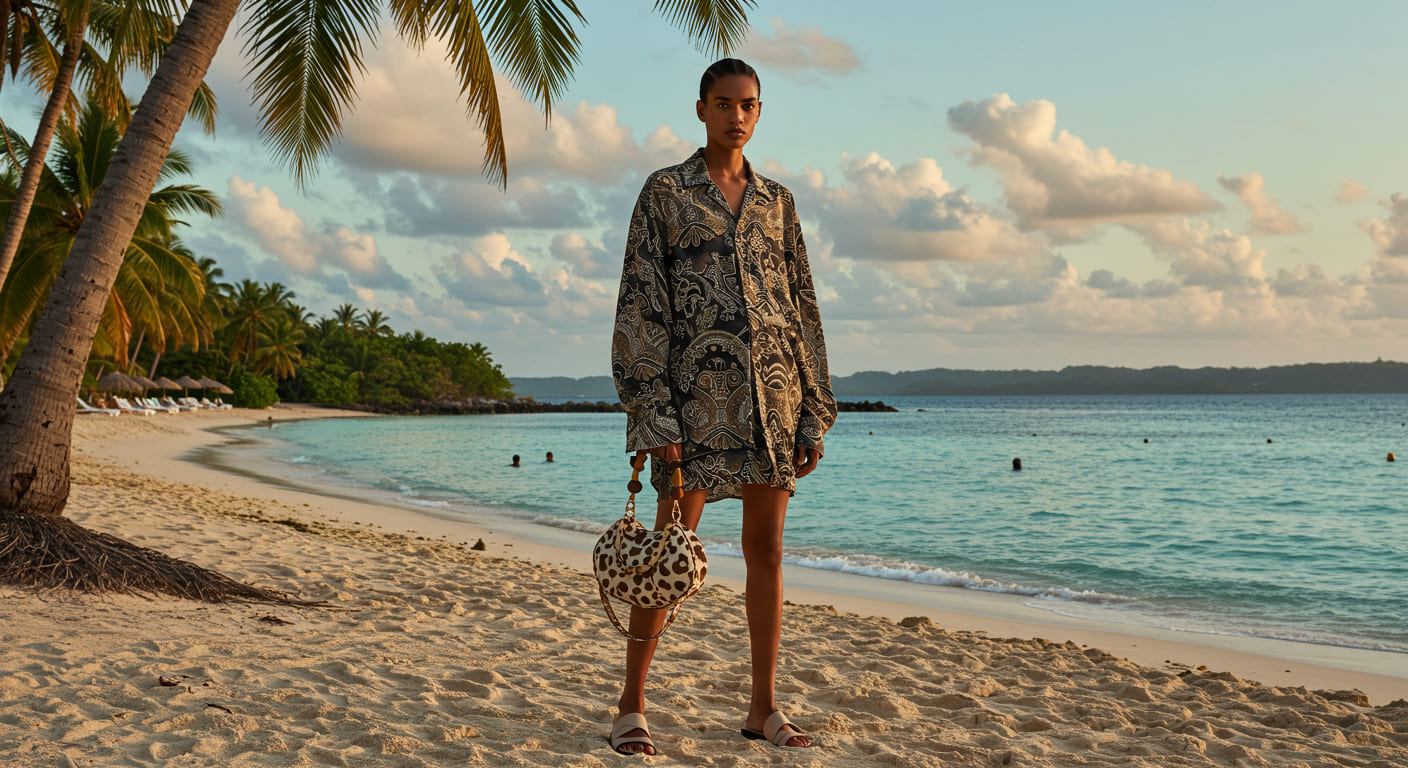 Model in tropical resortwear on Roatan beach
